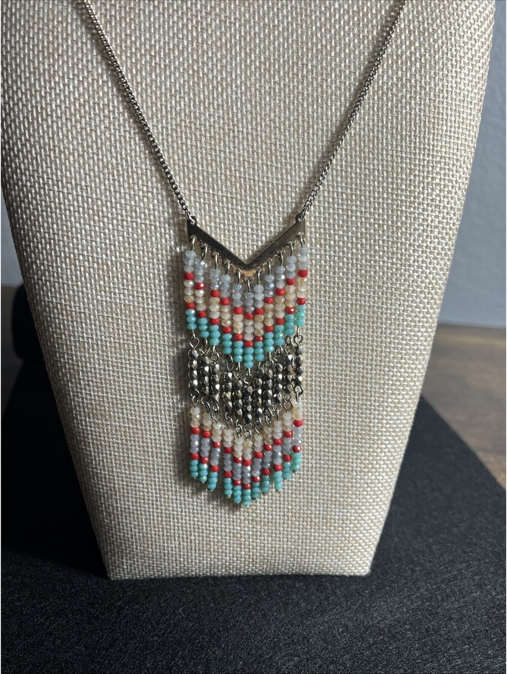 Vintage Southwestern Seed Bead Fringe Necklace Turquoise Red Silver Tone Boho